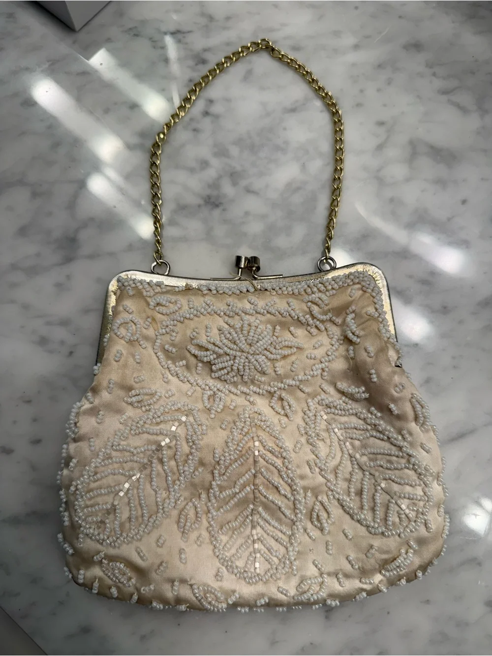 Vintage Beaded Cream Evening Handbag with Chain Handle